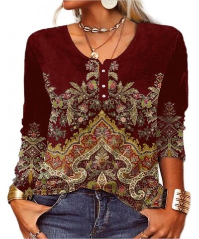 Women's Boho Floral Printed Long Sleeve Henley V Neck Button Front Casual Blouse Vintage Ethnic Shirt Plus Size Style2-d $17....