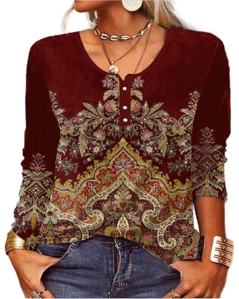 Women's Boho Floral Printed Long Sleeve Henley V Neck Button Front Casual Blouse Vintage Ethnic Shirt Plus Size Style2-d $17....