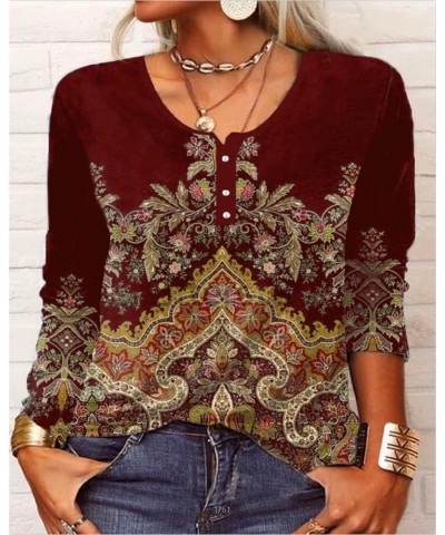 Women's Boho Floral Printed Long Sleeve Henley V Neck Button Front Casual Blouse Vintage Ethnic Shirt Plus Size Style2-d $17....