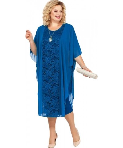 Tea Lenght Lace Mother of The Bride Dress Chiffon Plus Size Half Sleeve O Neck Evening Gowns Formal Dress Blue $42.30 Dresses