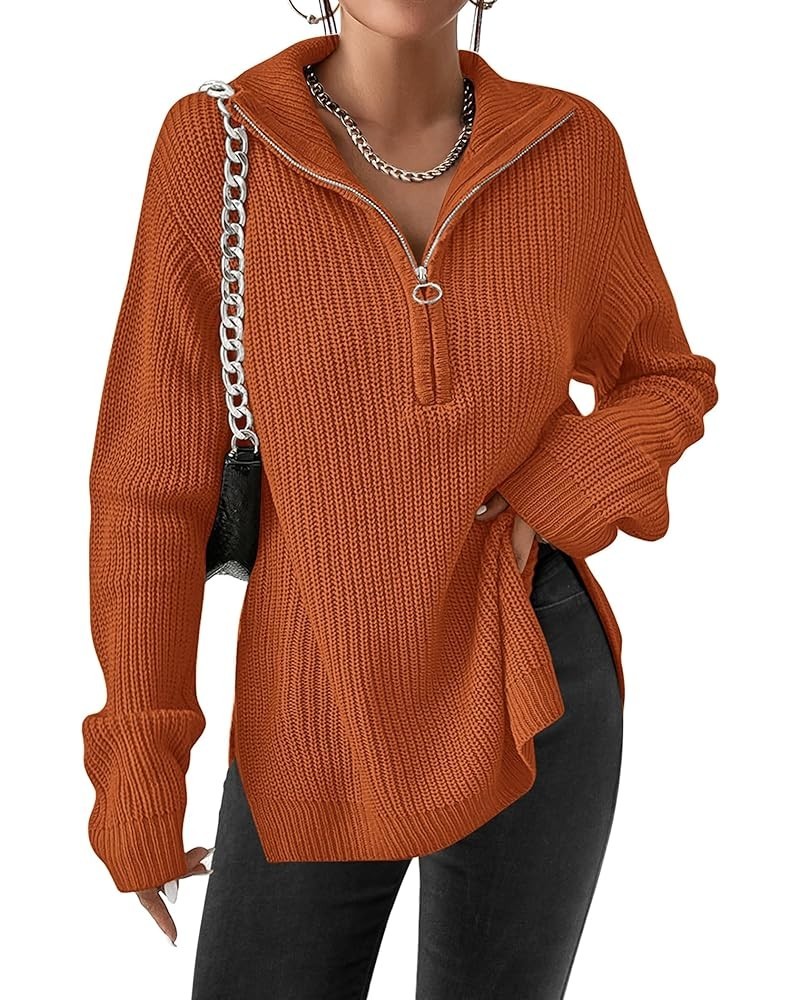 Women's Fashion 2024 Sweaters Quarter Zip Pullover Long Oversized Knit Sweater Winter Clothes Caramel $15.92 Sweaters