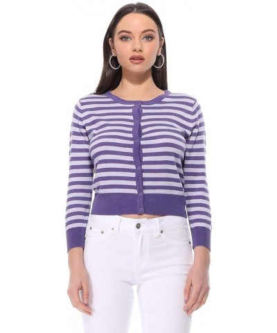 Women's 3/4 Sleeve Crewneck Striped Regular Fit Button-Down Sweater Cardigan MK3521 (S-L) Blueberry/Lilac $7.92 Sweaters