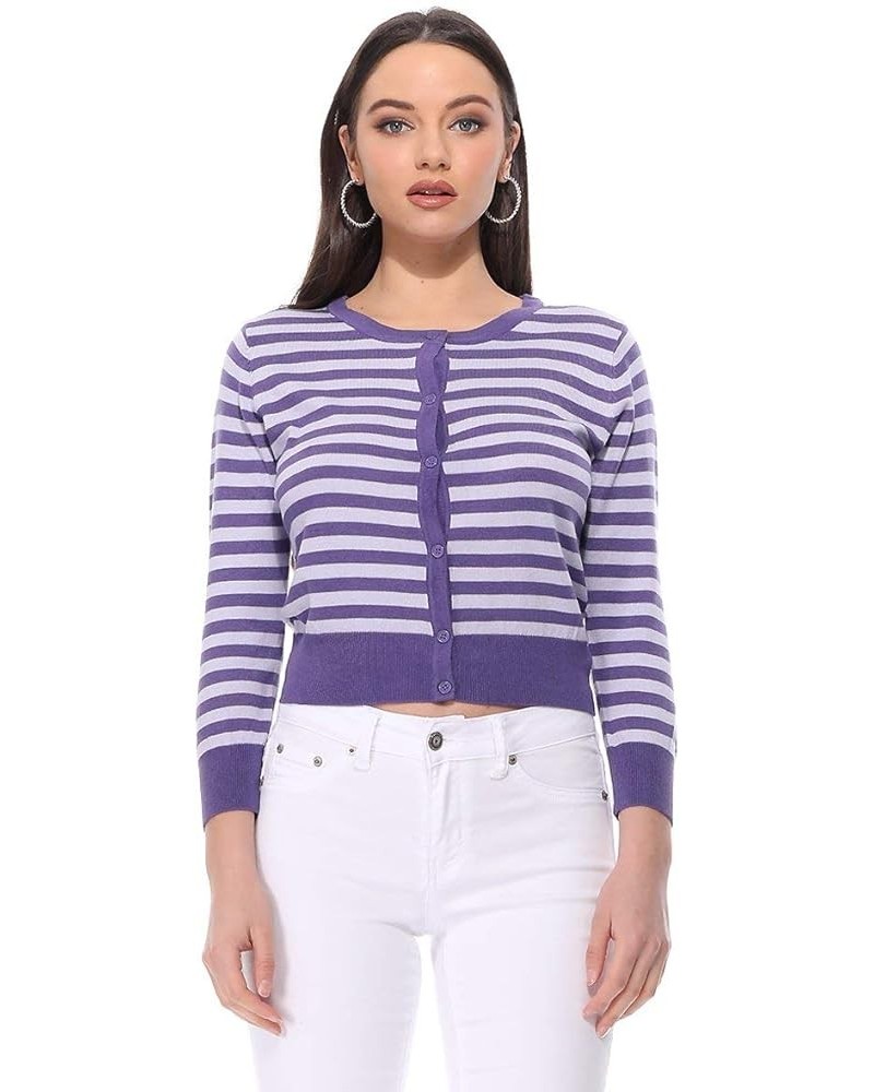 Women's 3/4 Sleeve Crewneck Striped Regular Fit Button-Down Sweater Cardigan MK3521 (S-L) Blueberry/Lilac $7.92 Sweaters