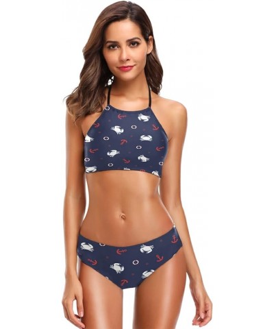 Shark Anchor Mermaid Sloth Bikini Swimsuit Womens High Neck Halter Two Piece Bathing Suit Blue $16.19 Swimsuits