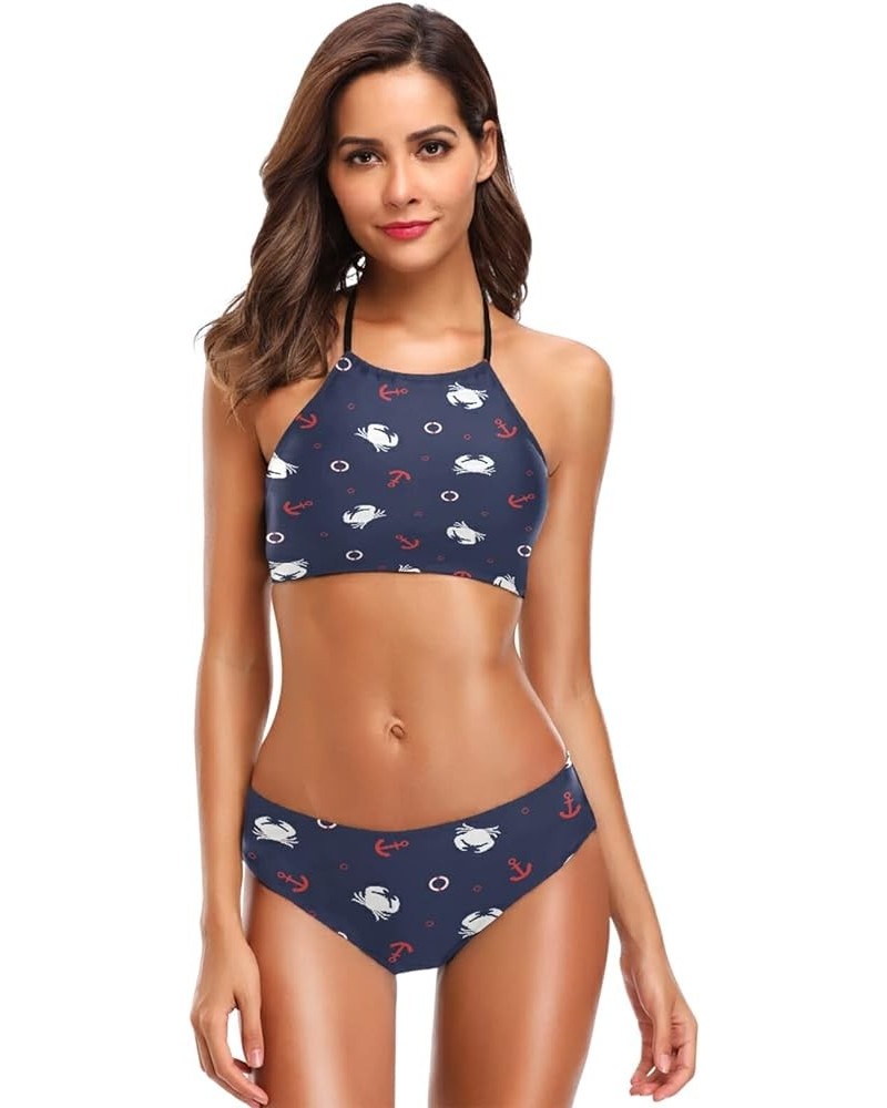 Shark Anchor Mermaid Sloth Bikini Swimsuit Womens High Neck Halter Two Piece Bathing Suit Blue $16.19 Swimsuits