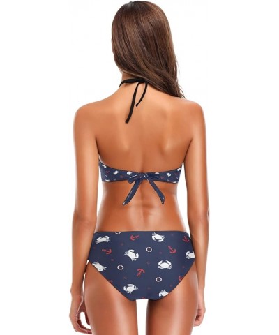 Shark Anchor Mermaid Sloth Bikini Swimsuit Womens High Neck Halter Two Piece Bathing Suit Blue $16.19 Swimsuits