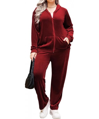 Women's Plus Size Velour Tracksuit Long Sleeve Sweatsuit 2 Piece Jogging Outfit Zip Up Hoodie With Pockets Senior Wine Red $2...