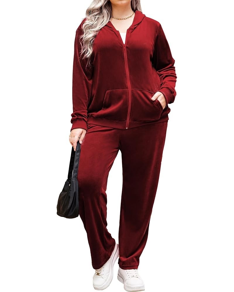 Women's Plus Size Velour Tracksuit Long Sleeve Sweatsuit 2 Piece Jogging Outfit Zip Up Hoodie With Pockets Senior Wine Red $2...