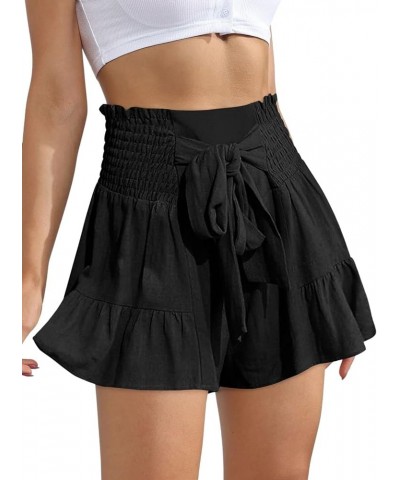 Womens Cute Flowy Bowknot Summer Shorts Casual Smoked Ruffle High Waisted Wide Leg Shorts Black $12.95 Shorts