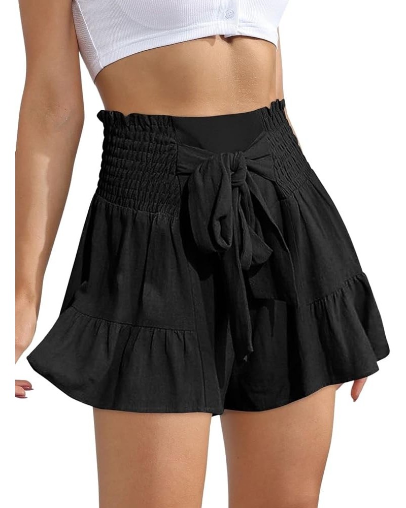 Womens Cute Flowy Bowknot Summer Shorts Casual Smoked Ruffle High Waisted Wide Leg Shorts Black $12.95 Shorts