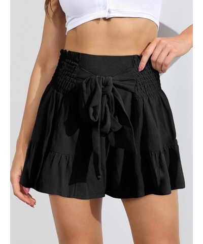 Womens Cute Flowy Bowknot Summer Shorts Casual Smoked Ruffle High Waisted Wide Leg Shorts Black $12.95 Shorts