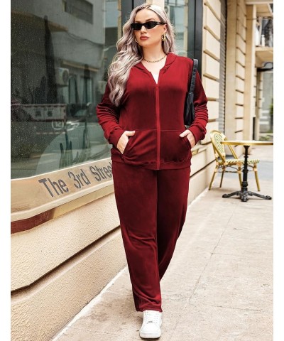 Women's Plus Size Velour Tracksuit Long Sleeve Sweatsuit 2 Piece Jogging Outfit Zip Up Hoodie With Pockets Senior Wine Red $2...