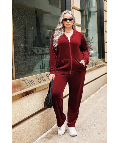 Women's Plus Size Velour Tracksuit Long Sleeve Sweatsuit 2 Piece Jogging Outfit Zip Up Hoodie With Pockets Senior Wine Red $2...