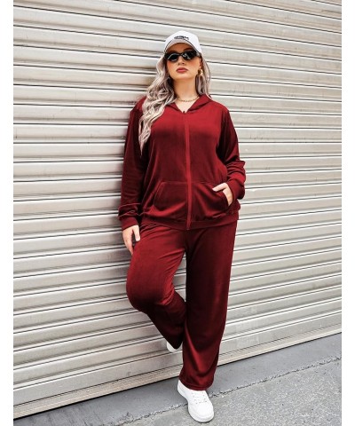 Women's Plus Size Velour Tracksuit Long Sleeve Sweatsuit 2 Piece Jogging Outfit Zip Up Hoodie With Pockets Senior Wine Red $2...