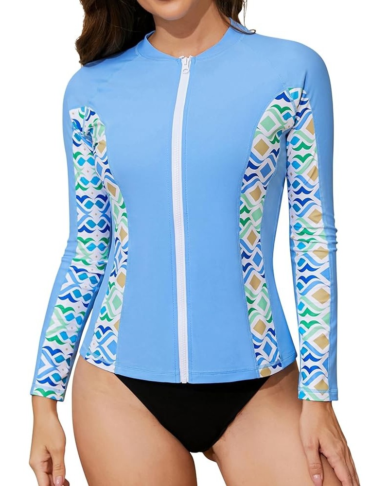 Women's Rashguard Swimsuit Zip Front Sun Protection Swim Shirt UPF 50+ Blue Printed $15.96 Swimsuits