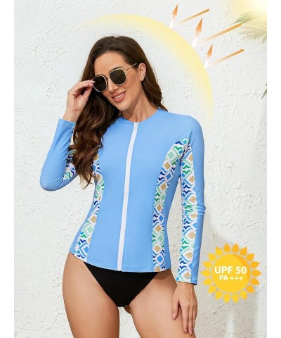 Women's Rashguard Swimsuit Zip Front Sun Protection Swim Shirt UPF 50+ Blue Printed $15.96 Swimsuits