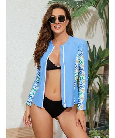 Women's Rashguard Swimsuit Zip Front Sun Protection Swim Shirt UPF 50+ Blue Printed $15.96 Swimsuits