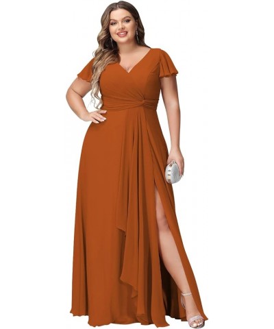 Women's Ruffle Sleeves Plus Size Bridesmaid Dresses 2024 with Pockets V Neck Long Formal Dress with Slit YZTS081 Burnt Orange...