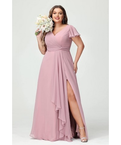 Women's Ruffle Sleeves Plus Size Bridesmaid Dresses 2024 with Pockets V Neck Long Formal Dress with Slit YZTS081 Burnt Orange...