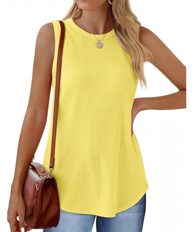 Crewneck Soft Waffle Knit Tank Top Women Loose Fit Curved Hem Cotton Beach Tops Trendy D-yellow $12.40 Tops