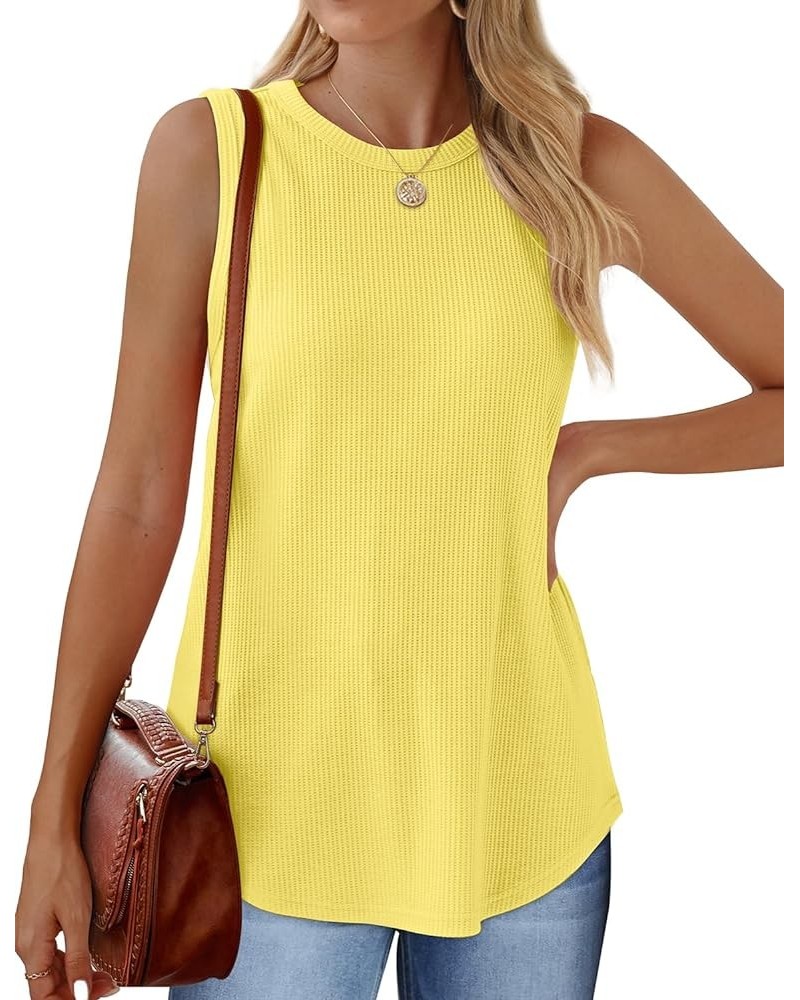 Crewneck Soft Waffle Knit Tank Top Women Loose Fit Curved Hem Cotton Beach Tops Trendy D-yellow $12.40 Tops