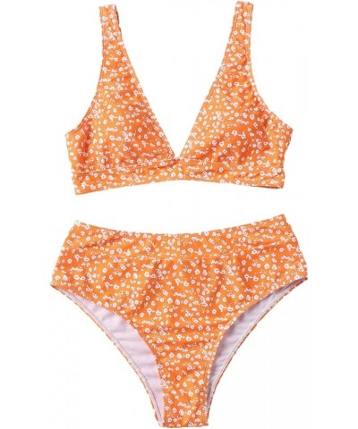 Women's High Waist Bikini Swimsuit Floral Print V Neck Bathing Suit Orange $17.04 Swimsuits