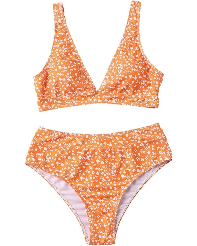 Women's High Waist Bikini Swimsuit Floral Print V Neck Bathing Suit Orange $17.04 Swimsuits