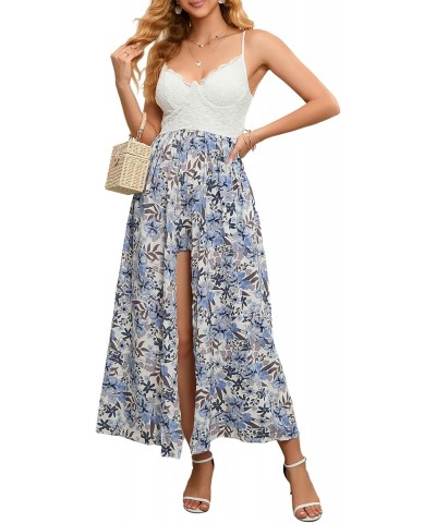 Women's Floral Contrast Lace Strappy Sleeveless Split Flowy Hem Romper Jumpsuit $11.02 Jumpsuits