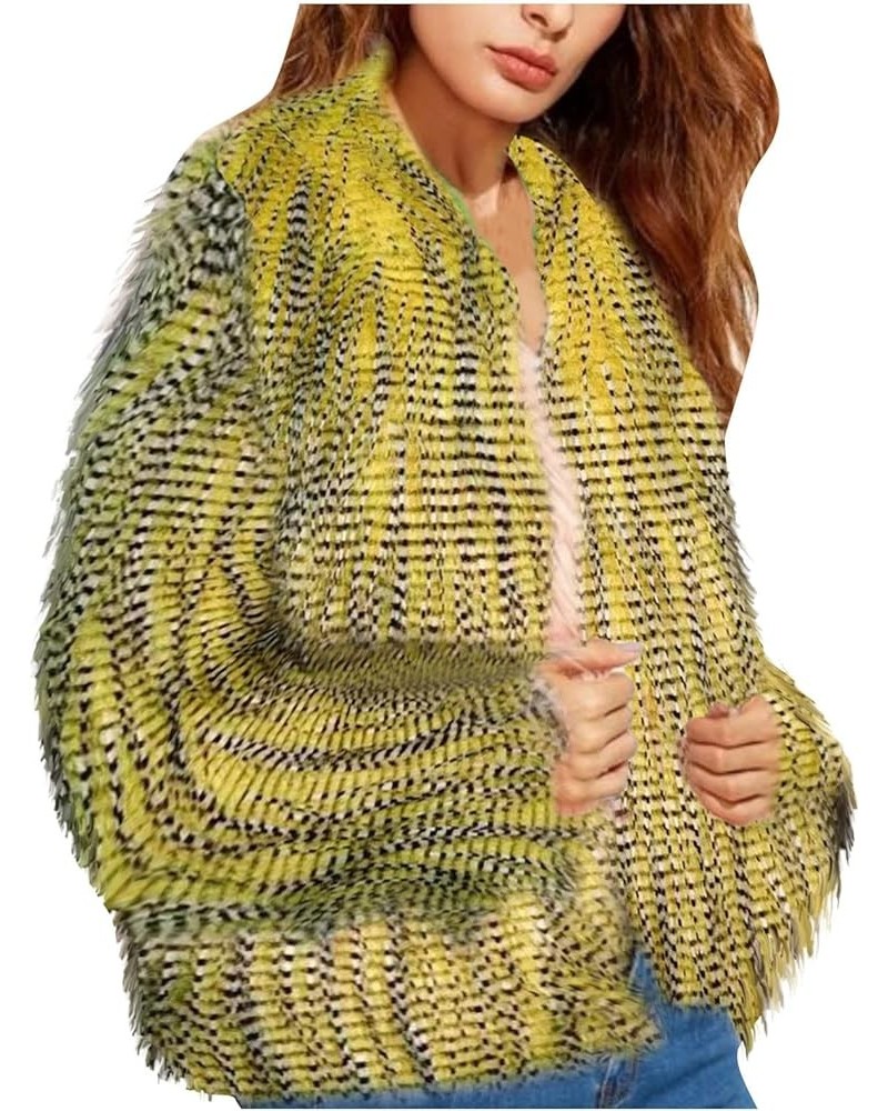 Womens Open Front Faux Fur Cardigan Vintage Parka Shaggy Jacket Coat Yellow $25.97 Coats