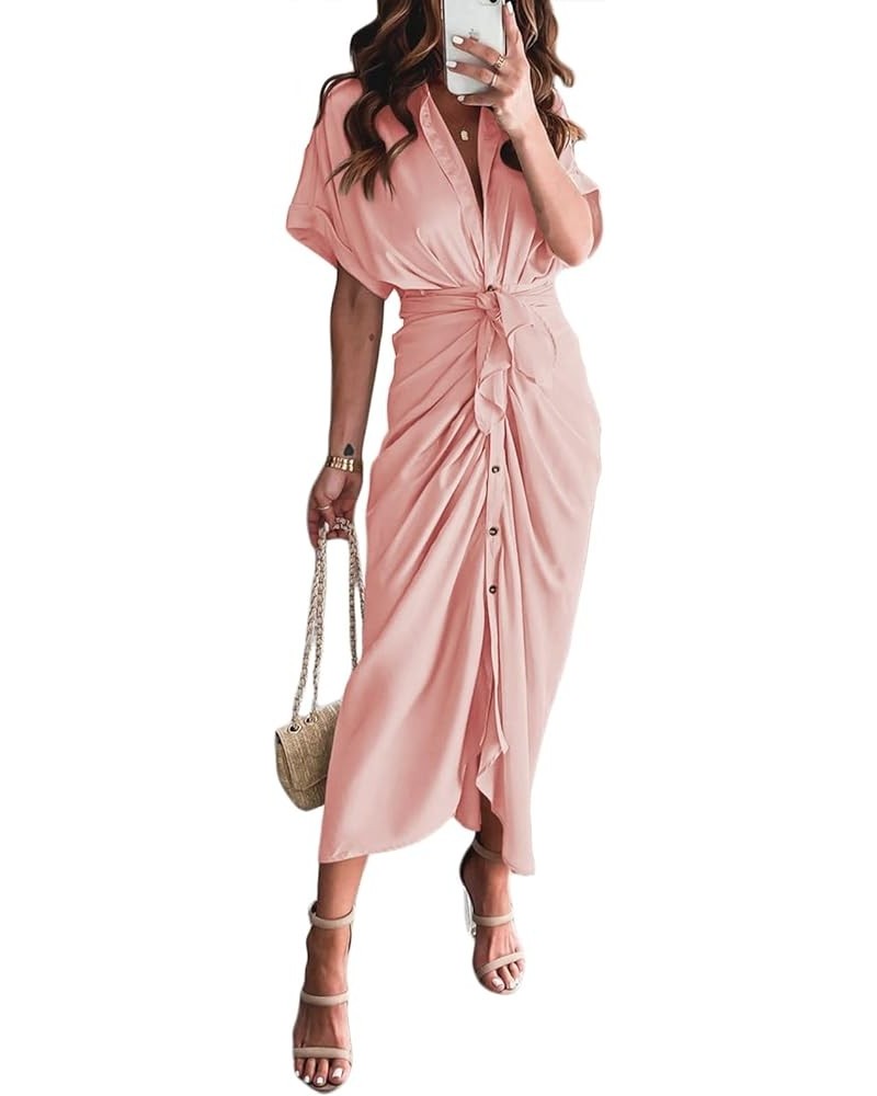 Women's Elegant V Neck Satin Button Down Short Sleeve Maxi Shirt Dress with Belt Pink $22.14 Dresses