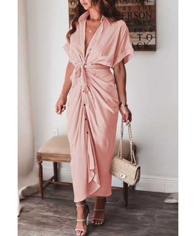 Women's Elegant V Neck Satin Button Down Short Sleeve Maxi Shirt Dress with Belt Pink $22.14 Dresses