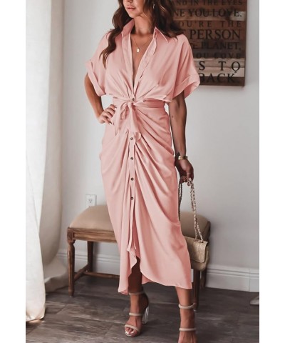 Women's Elegant V Neck Satin Button Down Short Sleeve Maxi Shirt Dress with Belt Pink $22.14 Dresses