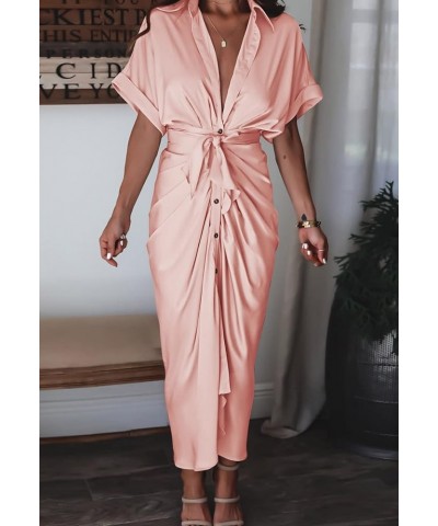 Women's Elegant V Neck Satin Button Down Short Sleeve Maxi Shirt Dress with Belt Pink $22.14 Dresses