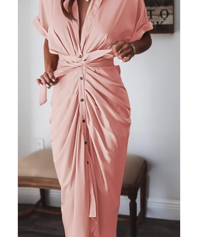 Women's Elegant V Neck Satin Button Down Short Sleeve Maxi Shirt Dress with Belt Pink $22.14 Dresses