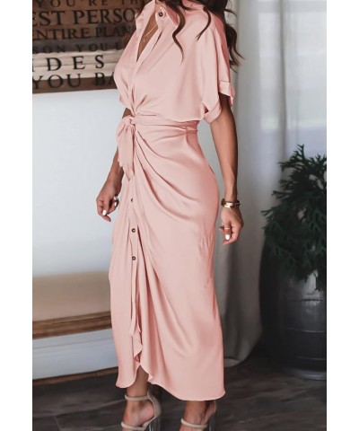 Women's Elegant V Neck Satin Button Down Short Sleeve Maxi Shirt Dress with Belt Pink $22.14 Dresses