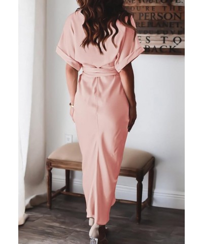 Women's Elegant V Neck Satin Button Down Short Sleeve Maxi Shirt Dress with Belt Pink $22.14 Dresses