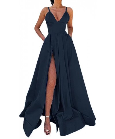 Sexy Plunging V Neck Prom Dress with Pocket Slit Long Satin Formal Evening Gown A line Navy Blue $32.25 Dresses