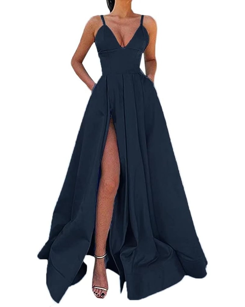 Sexy Plunging V Neck Prom Dress with Pocket Slit Long Satin Formal Evening Gown A line Navy Blue $32.25 Dresses