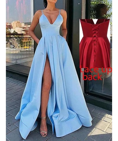 Sexy Plunging V Neck Prom Dress with Pocket Slit Long Satin Formal Evening Gown A line Navy Blue $32.25 Dresses