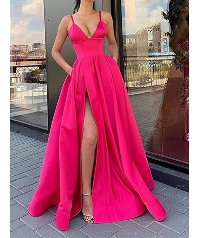 Sexy Plunging V Neck Prom Dress with Pocket Slit Long Satin Formal Evening Gown A line Navy Blue $32.25 Dresses