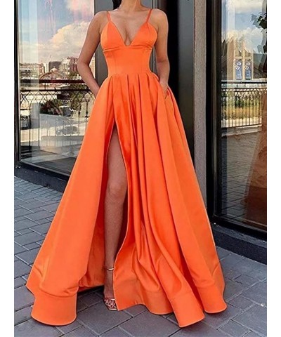 Sexy Plunging V Neck Prom Dress with Pocket Slit Long Satin Formal Evening Gown A line Navy Blue $32.25 Dresses