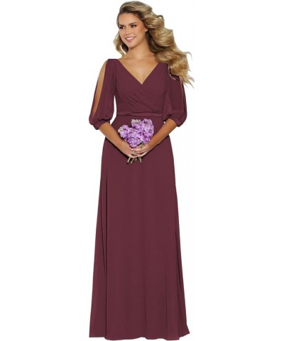 Women's Short Sleeve Bridesmaid Dresses for Wedding Long V Neck Chiffon Modest Party Evening Gowns Burgundy $31.89 Dresses