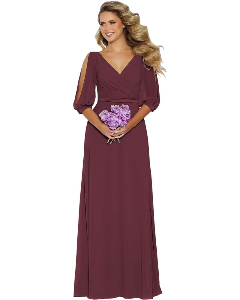 Women's Short Sleeve Bridesmaid Dresses for Wedding Long V Neck Chiffon Modest Party Evening Gowns Burgundy $31.89 Dresses