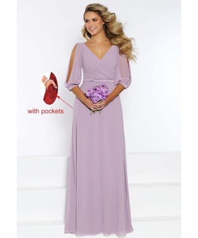 Women's Short Sleeve Bridesmaid Dresses for Wedding Long V Neck Chiffon Modest Party Evening Gowns Burgundy $31.89 Dresses