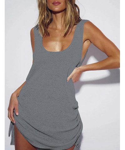 Women Crochet Cover Ups Short Knitted Tank Dress Sexy Backless Beach Cover Up B-gray $14.00 Swimsuits