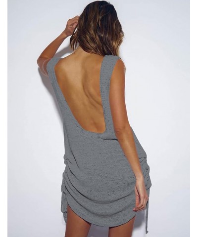 Women Crochet Cover Ups Short Knitted Tank Dress Sexy Backless Beach Cover Up B-gray $14.00 Swimsuits