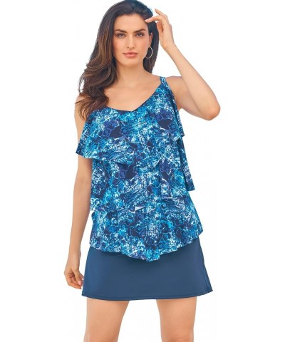 Women's Plus Size Longer-Length Tiered-Ruffle Tankini Top Blue Medallion Print $34.93 Swimsuits