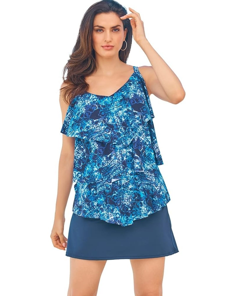 Women's Plus Size Longer-Length Tiered-Ruffle Tankini Top Blue Medallion Print $34.93 Swimsuits