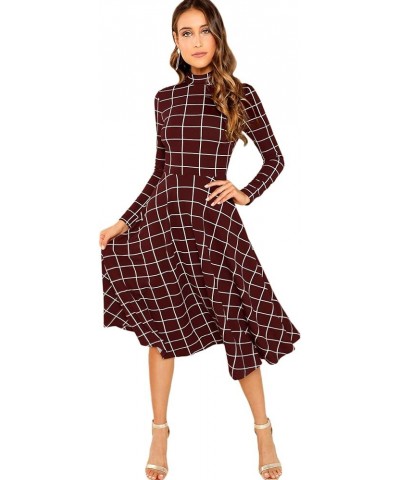 Women's High Neck Plaid Fit and Flare Midi Dress Burgundy $22.56 Dresses