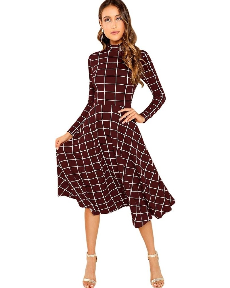 Women's High Neck Plaid Fit and Flare Midi Dress Burgundy $22.56 Dresses